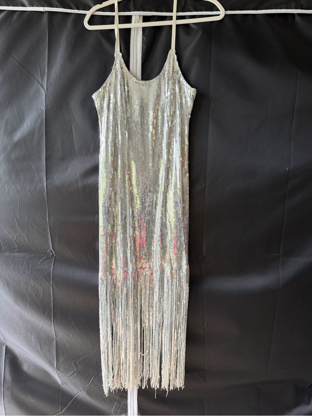 WHY Dress Silver Sequin Fringe Midi Dress Size Small